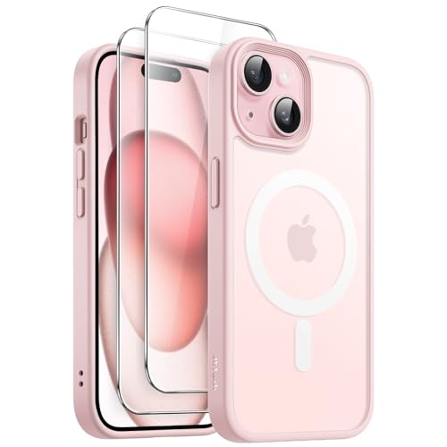 JETech 3 in 1 Magnetische Hülle für iPhone 15 6,1 Zoll mit 2 Stück Gehärtetes Glas Schutzfolie, Kompatibel mit MagSafe, Transluzente Matt Rückseite Stoßfeste Handyhülle (Rosa) von JETech