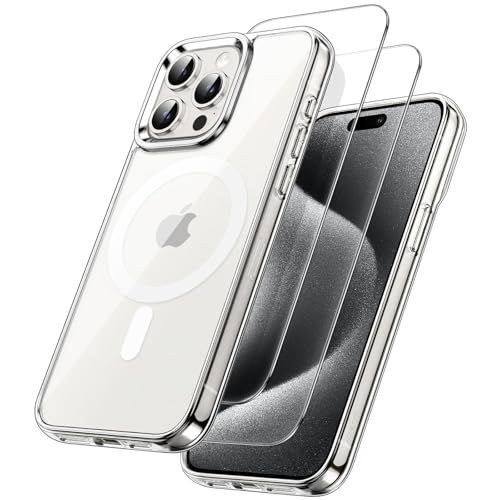 JETech 3 in 1 Magnetische Hülle für iPhone 15 Pro 6,1 Zoll mit 2 Stück Gehärtetes Glas Schutzfolie, Kompatibel mit MagSafe, Stoßfest Stoßfänger Handyhülle (Durchsichtig) von JETech