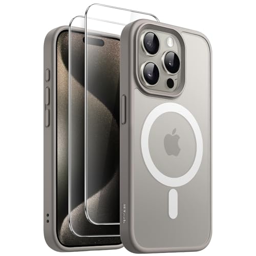 JETech 3 in 1 Magnetische Hülle für iPhone 15 Pro 6,1 Zoll mit 2 Stück Gehärtetes Glas Schutzfolie, Kompatibel mit MagSafe, Transluzente Matt Rückseite Stoßfeste Handyhülle (Titan Natur) von JETech