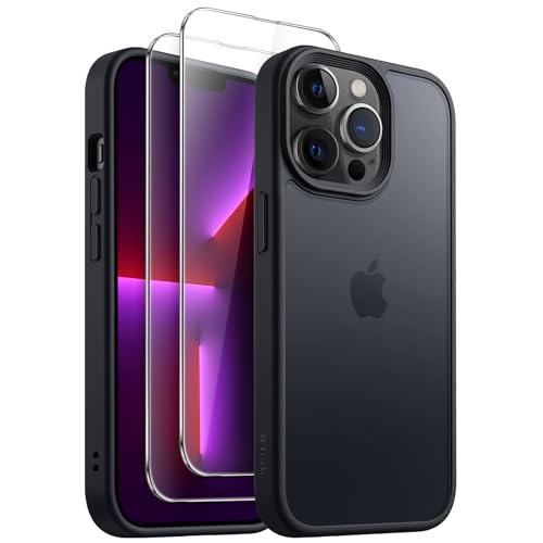 JETech 3 in 1 Matt Hülle für iPhone 13 Pro 6,1 Zoll mit 2 Stück Gehärtetes Glas Schutzfolie, Transluzente Gefrostete Stoßfest Telefon Abdeckung (Schwarz) von JETech