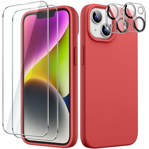 JETech 5 in 1 Silikon Hülle für iPhone 14 Plus 6,7 Zoll, mit 2 Stück Schutzfolie und Kameraschutz, Full Screen Panzer Schutz Glas Folie Displayschutz Kamera, Stoßfest Handyhülle (Rot) von JETech