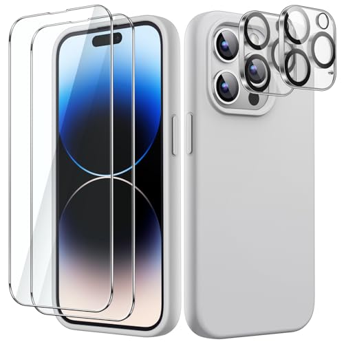 JETech 3 in 1 Silikon Hülle für iPhone 14 Pro 6,1 Zoll, mit 2 Stück Schutzfolie und Kameraschutz, Full Screen Panzer Schutz Glas Folie Displayschutz Kamera, Stoßfest Handyhülle (Silber) von JETech