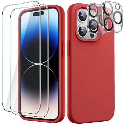 JETech 3 in 1 Silikon Hülle für iPhone 14 Pro Max 6,7 Zoll, mit 2 Stück Schutzfolie und Kameraschutz, Full Screen Panzer Schutz Glas Folie Displayschutz Kamera, Stoßfest Handyhülle (Rot) von JETech