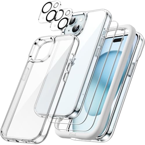 JETech 5 in 1 Hülle für iPhone 15 Plus 6,7 Zoll mit 2 Stück Jeweils Gehärtetem Glas Schutzfolie und Kameraschutz, Nicht Vergilbende Stoßfest Stoßfänger Handyhülle (Durchsichtig) von JETech