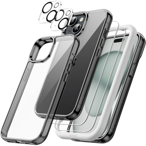 JETech 5 in 1 Hülle für iPhone 15 Plus 6,7 Zoll mit 2 Stück Jeweils Gehärtetem Glas Schutzfolie und Kameraschutz, Nicht Vergilbende Stoßfest Stoßfänger Handyhülle (Schwarz) von JETech