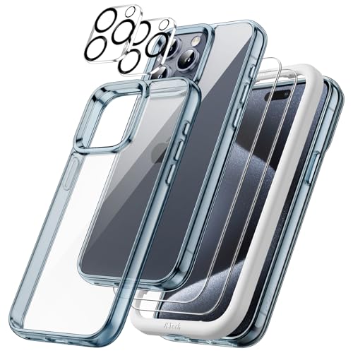 JETech 5 in 1 Hülle für iPhone 15 Pro 6,1 Zoll mit 2 Stück Jeweils Gehärtetem Glas Schutzfolie und Kameraschutz, Nicht Vergilbende Stoßfest Stoßfänger Handyhülle (Blau) von JETech
