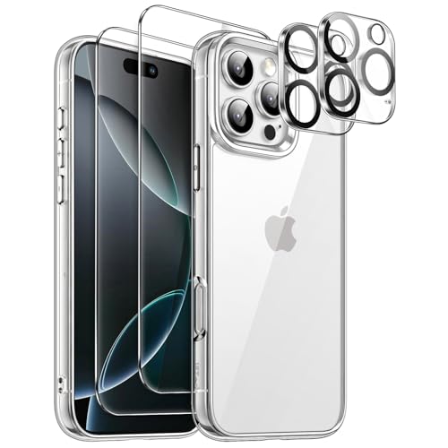 JETech 5 in 1 Hülle für iPhone 16 Pro 6,3 Zoll mit 2 Stück Jeweils Gehärtetem Glas Schutzfolie und Kameraschutz, Nicht Vergilbende Stoßfest Stoßfänger Handyhülle (Durchsichtig) von JETech