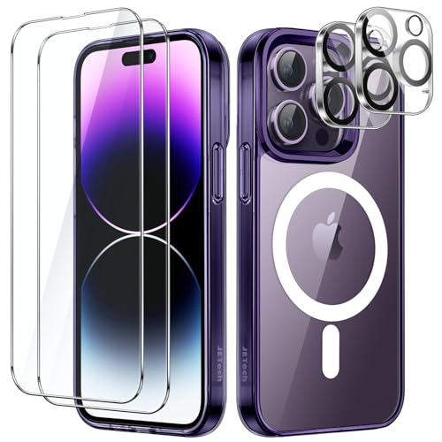 JETech 5 in 1 Magnetische Hülle für iPhone 14 Pro 6,1 Zoll mit 2 Stück Gehärtete Glas Schutzfolie und Kameraschutz, Kompatibel mit MagSafe, Stoßfeste Stoßfänger Handyhülle (Dunkellila) von JETech