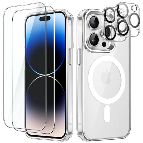 JETech 5 in 1 Magnetische Hülle für iPhone 14 Pro 6,1 Zoll mit 2 Stück Gehärtete Glas Schutzfolie und Kameraschutz, Kompatibel mit MagSafe, Stoßfeste Stoßfänger Handyhülle (Durchsichtig) von JETech
