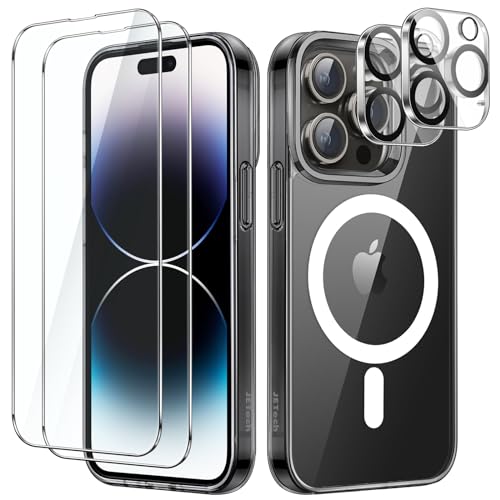 JETech 5 in 1 Magnetische Hülle für iPhone 14 Pro 6,1 Zoll mit 2 Stück Gehärtete Glas Schutzfolie und Kameraschutz, Kompatibel mit MagSafe, Stoßfeste Stoßfänger Handyhülle (Schwarz) von JETech