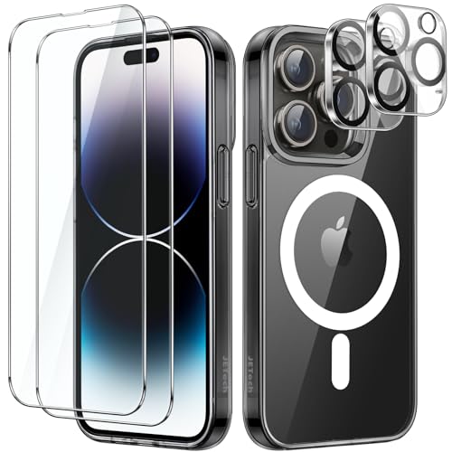 JETech 5 in 1 Magnetische Hülle für iPhone 14 Pro Max 6,7 Zoll mit 2 Stück Gehärtete Glas Schutzfolie und Kameraschutz, Kompatibel mit MagSafe, Stoßfeste Stoßfänger Handyhülle (Schwarz) von JETech