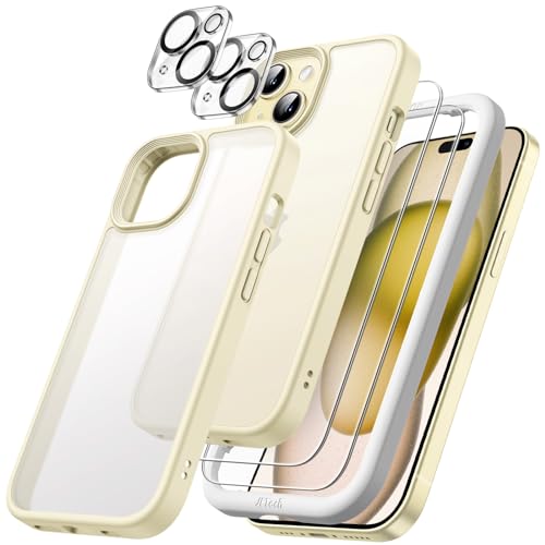JETech 5 in 1 Matte Hülle für iPhone 15 6,1 Zoll mit 2 Stück Jeweils Gehärtetem Glas Schutzfolie und Kameraschutz, Transluzente Rückseite Stoßfest (Gelb) von JETech