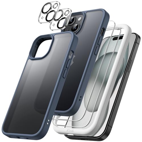 JETech 5 in 1 Matte Hülle für iPhone 15 6,1 Zoll mit 2 Stück Jeweils Gehärtetem Glas Schutzfolie und Kameraschutz, Transluzente Rückseite Stoßfest (Sturmblau) von JETech