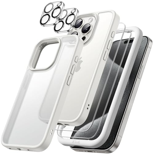 JETech 5 in 1 Matte Hülle für iPhone 15 Pro 6,1 Zoll mit 2 Stück Jeweils Gehärtetem Glas Schutzfolie und Kameraschutz, Transluzente Rückseite Stoßfest (Weiß) von JETech