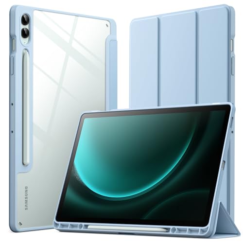 JETech Hülle für Samsung Galaxy Tab S9 FE+ / S9 FE Plus 12,4 Zoll mit S Pen Halter, Klar Transparente Harte PC-Rückseite, Tri-Fold Ständer Tablet Schutzhülle, Auto Wachen/Schlafen (Hellblau) von JETech