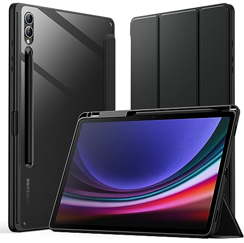 JETech Hülle für Samsung Galaxy Tab S9 Plus 12,4 Zoll mit S Pen Halter, Klar Transparente PC-Rückseite, Stoßfestes DREI-Falt Ständer Tablet Schutzhülle, Auto Wachen/Schlafen (Graphite Schwarz) von JETech