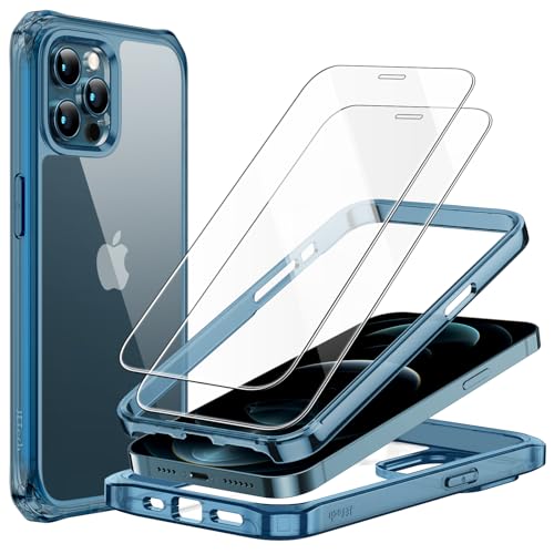 JETech Hülle für iPhone 12 Pro Max 6,7 Zoll mit 2 Stück Schutzfolie Panzer Schutz Glas Folie, 360 Grad Ganzkörper Stoßfest Handyhülle Transparent Rückseite (Navy) von JETech