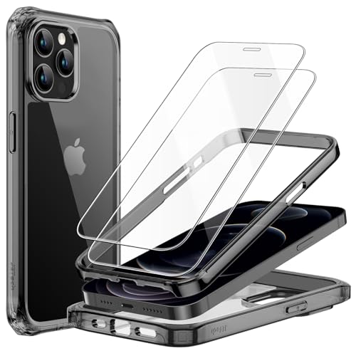 JETech Hülle für iPhone 12 Pro Max 6,7 Zoll mit 2 Stück Schutzfolie Panzer Schutz Glas Folie, 360 Grad Ganzkörper Stoßfest Handyhülle Transparent Rückseite (Schwarz) von JETech