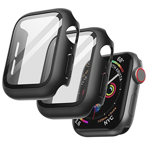 JETech Hülle mit Displayschutz Kompatibel mit Apple Watch SE (2022/2020) /Series 6 5 4 44 mm, Gesamt Schutzhülle, Eingebaut Gehärtetes Glas Schutzfolie Hoch Empfindlichkeit, 2 Stück (Schwarz) von JETech