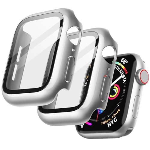 JETech Hülle mit Displayschutz Kompatibel mit Apple Watch SE (2022/2020) /Series 6 5 4 44 mm, Gesamt Schutzhülle, Eingebaut Gehärtetes Glas Schutzfolie Hoch Empfindlichkeit, 2 Stück (Silber) von JETech