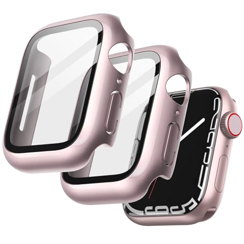 JETech Hülle mit Displayschutz Kompatibel mit Apple Watch Series 9 8 7 45 mm, Gesamt Schutzhülle, Eingebaut Gehärtetes Glas Schutzfolie Hoch Empfindlichkeit, 2 Stück (Rosa) von JETech
