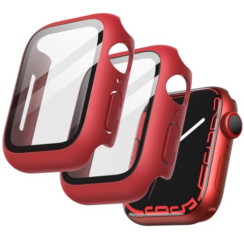JETech Hülle mit Displayschutz Kompatibel mit Apple Watch Series 9 8 7 45 mm, Gesamt Schutzhülle, Eingebaut Gehärtetes Glas Schutzfolie Hoch Empfindlichkeit, 2 Stück (Rot) von JETech