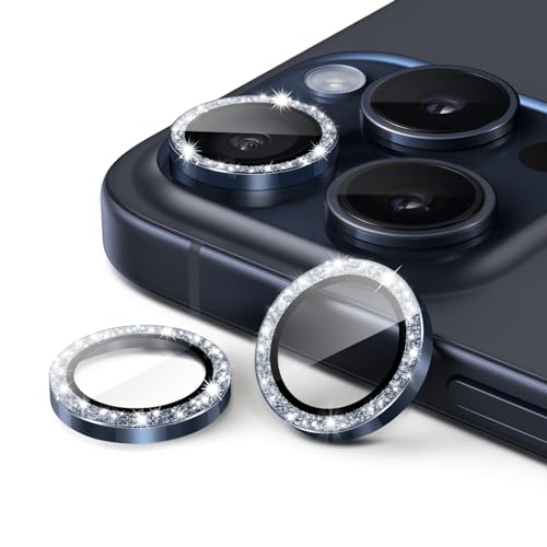 JETech Kameraschutz für iPhone 15 Pro 6,1 Zoll und iPhone 15 Pro Max 6,7 Zoll, Bling Glitzer Individuelle 9H Gehärtetes Glas Metallring Abdeckung, HD Klar, 1 Set (Titan Blau) von JETech