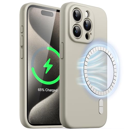 JETech Magnetisch Silikon Hülle für iPhone 15 Pro Max 6,7 Zoll, Kompatibel mit MagSafe, Handyhülle mit Voll Kamera Schutz (Titan Natur) von JETech