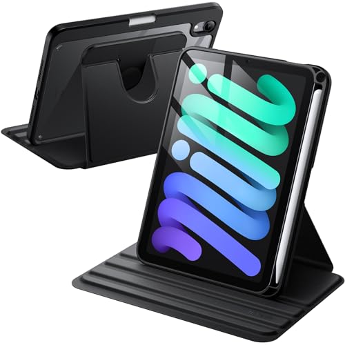 JETech Rotierende Hülle für iPad Mini (A17 Pro, 2024 Modell, 7. Generation) / Mini 6 (2021 Modell, 6. Generation) mit Stifthalter, Schutzhülle Ständer Transparente Rückseite (Schwarz) von JETech