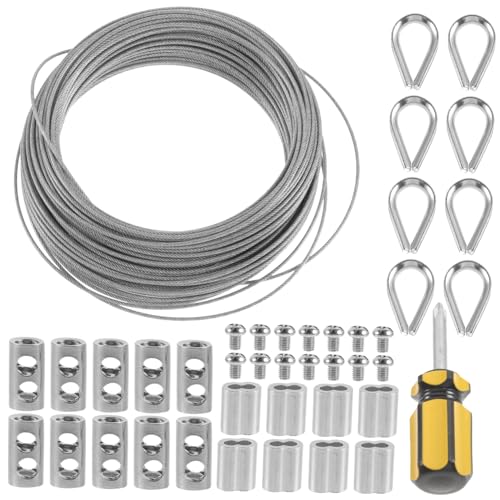 JEWEDECO 1 Satz Mit Edelstahl Beschichtetes Drahtseil, Lichterketten Aufhängungsset, Gartendraht Aufhängungsdraht, Zaunrollen Set (30 Meter Set), Kausche Für Seil, Edelstahlseilkausche, von JEWEDECO