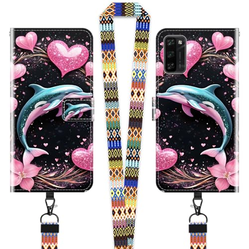 JEZSTHAI Klapphülle Kompatibel mit Blackview A100 Hülle Leder Handytasche Schutzhülle,Stylische Muster Handyhülle Brieftasche(Herz & Delfin)+1×Handy Umhängeband/Halsgurt von JEZSTHAI
