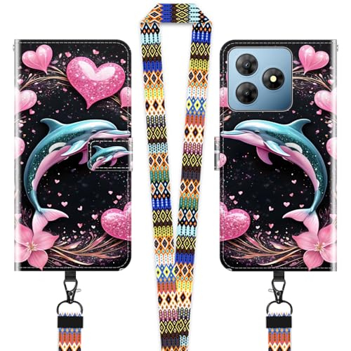JEZSTHAI Klapphülle Kompatibel mit Blackview Oscal Flat 2 / Oscal Flat 2C Hülle Leder Handytasche Schutzhülle,Stylische Muster Handyhülle Brieftasche(Herz & Delfin)+1×Handy Umhängeband/Halsgurt von JEZSTHAI
