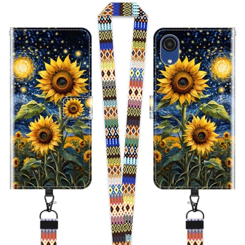 JEZSTHAI Klapphülle Kompatibel mit Samsung Galaxy A03 Core Hülle Leder Handytasche Schutzhülle,Stylische Muster Handyhülle Brieftasche(Sonnenblume)+1×Handy Umhängeband/Halsgurt von JEZSTHAI