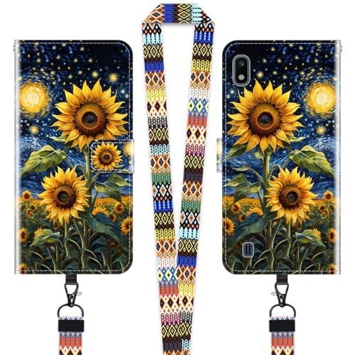 JEZSTHAI Hülle für Samsung Galaxy A10 Leder Handytasche Schutzhülle mit Muster(Sonnenblume),Flip Case Magnetverschluss Handyhülle mit Handykette/Handy Umhängeband von JEZSTHAI