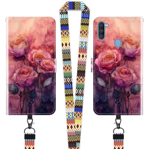 JEZSTHAI Hülle für Samsung Galaxy A11 / M11 Leder Handytasche Schutzhülle mit Muster(rosa Rose),Flip Case Magnetverschluss Handyhülle mit Handykette/Handy Umhängeband von JEZSTHAI