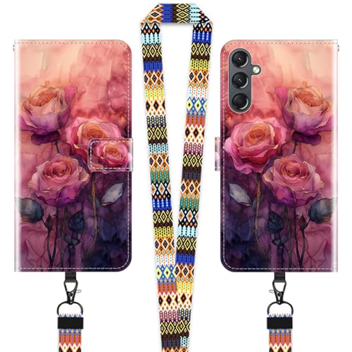 JEZSTHAI Hülle für Samsung Galaxy A24 4G Leder Handytasche Schutzhülle mit Muster(rosa Rose),Flip Case Magnetverschluss Handyhülle mit Handykette/Handy Umhängeband von JEZSTHAI