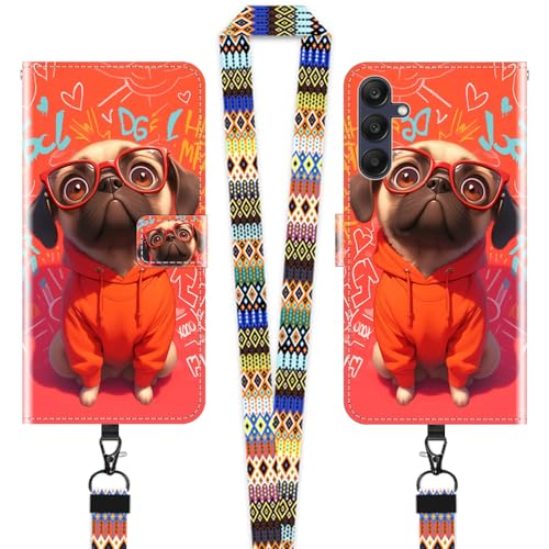 JEZSTHAI Hülle für Samsung Galaxy A25 5G Leder Handytasche Schutzhülle mit Muster(Lustiger Mops),Flip Case Magnetverschluss Handyhülle mit Handykette/Handy Umhängeband von JEZSTHAI