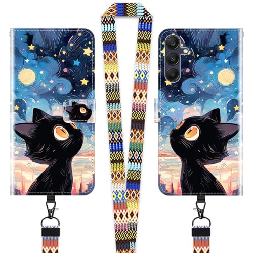 JEZSTHAI Hülle für Samsung Galaxy A25 5G Leder Handytasche Schutzhülle mit Muster(Schwarze Katze),Flip Case Magnetverschluss Handyhülle mit Handykette/Handy Umhängeband von JEZSTHAI
