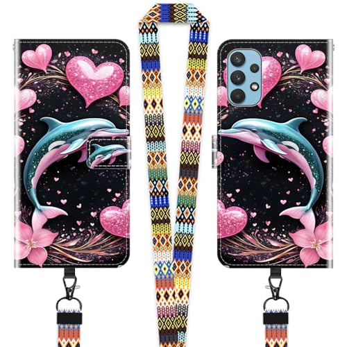 JEZSTHAI Hülle für Samsung Galaxy A32 4G Leder Handytasche Schutzhülle mit Muster(Herz & Delfin),Flip Case Magnetverschluss Handyhülle mit Handykette/Handy Umhängeband von JEZSTHAI