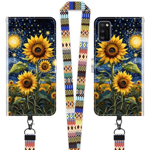 JEZSTHAI Hülle für Samsung Galaxy A41 Leder Handytasche Schutzhülle mit Muster(Sonnenblume),Flip Case Magnetverschluss Handyhülle mit Handykette/Handy Umhängeband von JEZSTHAI