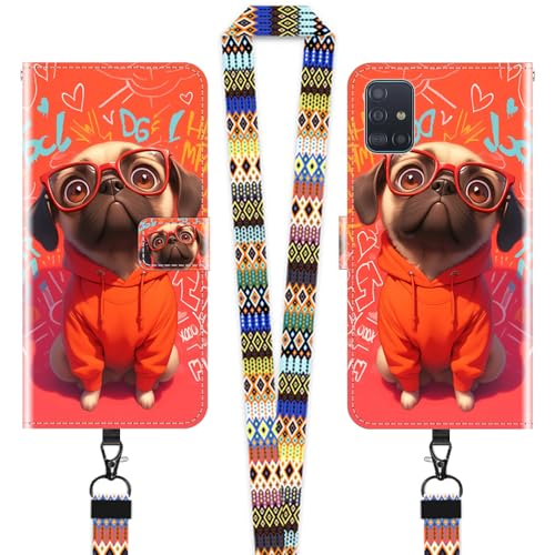 JEZSTHAI Hülle für Samsung Galaxy A51 4G Leder Handytasche Schutzhülle mit Muster(Lustiger Mops),Flip Case Magnetverschluss Handyhülle mit Handykette/Handy Umhängeband von JEZSTHAI