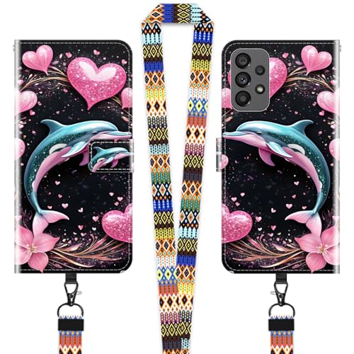 JEZSTHAI Hülle für Samsung Galaxy A73 5G Leder Handytasche Schutzhülle mit Muster(Herz & Delfin),Flip Case Magnetverschluss Handyhülle mit Handykette/Handy Umhängeband von JEZSTHAI