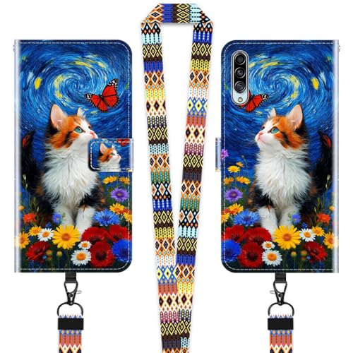 JEZSTHAI Hülle für Samsung Galaxy A90 5G Leder Handytasche Schutzhülle mit Muster(Süße Kätzchen),Flip Case Magnetverschluss Handyhülle mit Handykette/Handy Umhängeband von JEZSTHAI