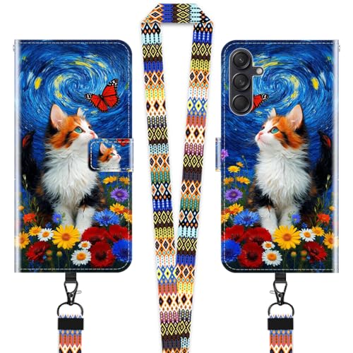 JEZSTHAI Hülle für Samsung Galaxy M55 5G Leder Handytasche Schutzhülle mit Muster(Süße Kätzchen),Flip Case Magnetverschluss Handyhülle mit Handykette/Handy Umhängeband von JEZSTHAI