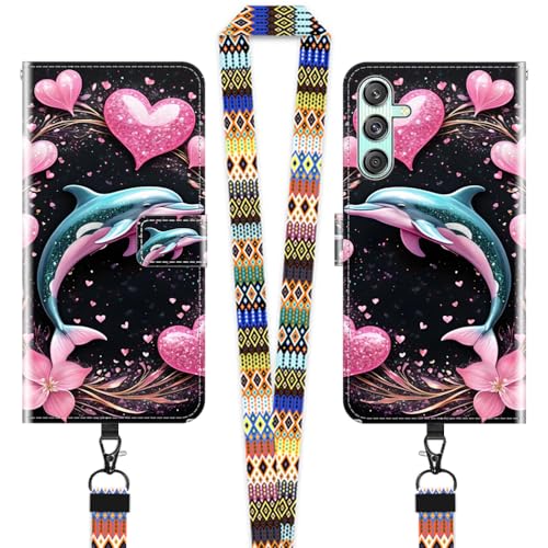 JEZSTHAI Hülle für Samsung Galaxy M55s Leder Handytasche Schutzhülle mit Muster(Herz & Delfin),Flip Case Magnetverschluss Handyhülle mit Handykette/Handy Umhängeband von JEZSTHAI
