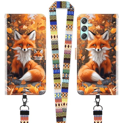 JEZSTHAI Hülle für Samsung Galaxy M55s Leder Handytasche Schutzhülle mit Muster(Rotfuchs),Flip Case Magnetverschluss Handyhülle mit Handykette/Handy Umhängeband von JEZSTHAI