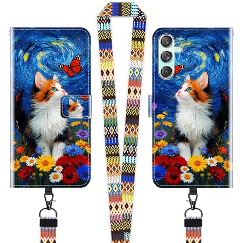 JEZSTHAI Hülle für Samsung Galaxy M55s Leder Handytasche Schutzhülle mit Muster(Süße Kätzchen),Flip Case Magnetverschluss Handyhülle mit Handykette/Handy Umhängeband von JEZSTHAI
