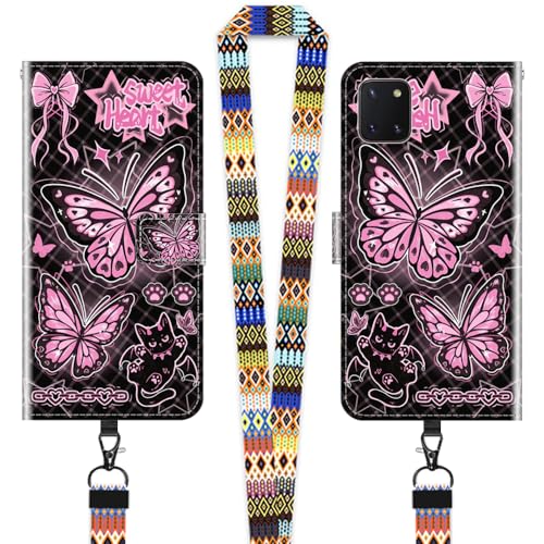 JEZSTHAI Klapphülle Kompatibel mit Samsung Galaxy Note 10 Lite Hülle Leder Handytasche Schutzhülle,Stylische Muster Handyhülle Brieftasche(Schmetterling)+1×Handy Umhängeband/Halsgurt von JEZSTHAI