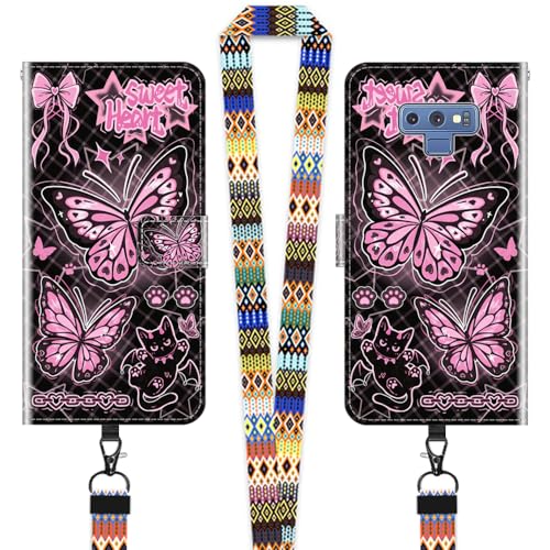 JEZSTHAI Klapphülle Kompatibel mit Samsung Galaxy Note 9 Hülle Leder Handytasche Schutzhülle,Stylische Muster Handyhülle Brieftasche(Schmetterling)+1×Handy Umhängeband/Halsgurt von JEZSTHAI
