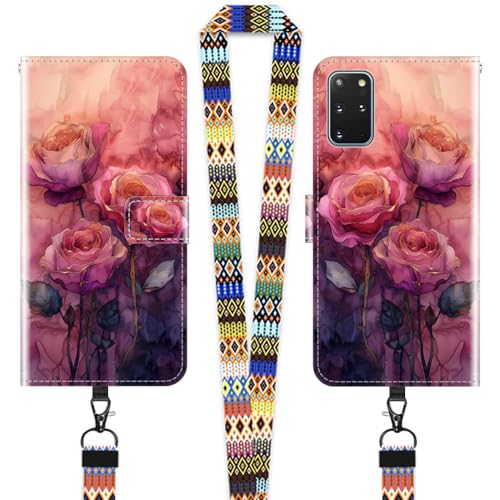 JEZSTHAI Klapphülle Kompatibel mit Samsung Galaxy S20+ / S20 Plus Hülle Leder Handytasche Schutzhülle,Stylische Muster Handyhülle Brieftasche(rosa Rose)+1×Handy Umhängeband/Handygurt von JEZSTHAI